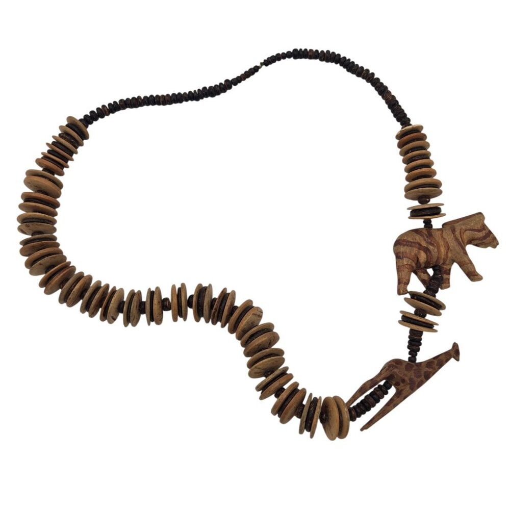 Wooden Animal Bead Necklace With Hand-Carved Giraffe & Elephant Coconut Beads
